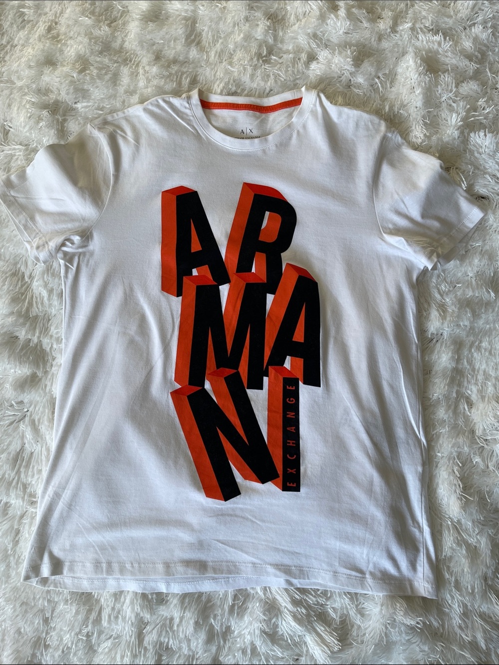 Armani Exchange White Short-Sleeve Tee with Orange and Black 3D Logo